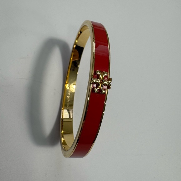 Tory Burch Kira Logo Monogram Red and Gold Bangle Bracelet Medium